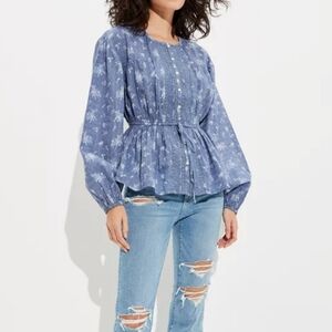 AE Long-Sleeve Tie-Front Tunic Blue Floral Boho Style Blouse